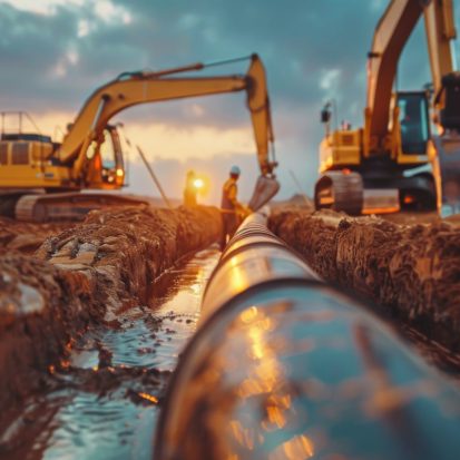 High-detail photo of a gas pipeline construction crew laying new pipes in a field