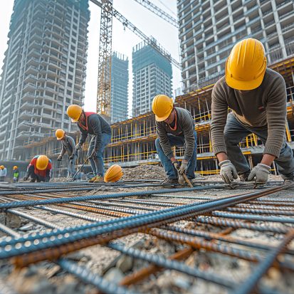 Construction Workers Collaborating on Steel Reinforcement at Urban Building Site