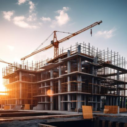 Construction background: A Construction site of large residential commercial building, some already built, large metal structure with bright sky background.